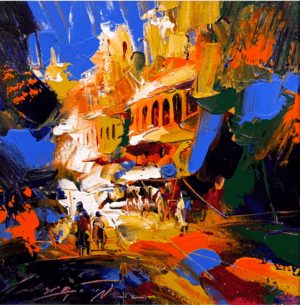 Asrar Farooqi | Title: Vibrant Cityscape | Medium: Oil on Canvas | Size: 12x12 inches
